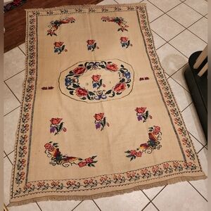 Vintage Bridal Floral Embroidered Rug Turkey - 1960s